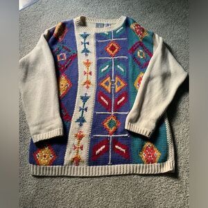 VTG Russ Sport Funky Multi Color Grandpa Sweater Pattern Boho Hippie Size S M